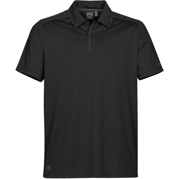 A black Men's Inertia Sport Polo shirt with a collar and a logo. Made from breathable fabric.