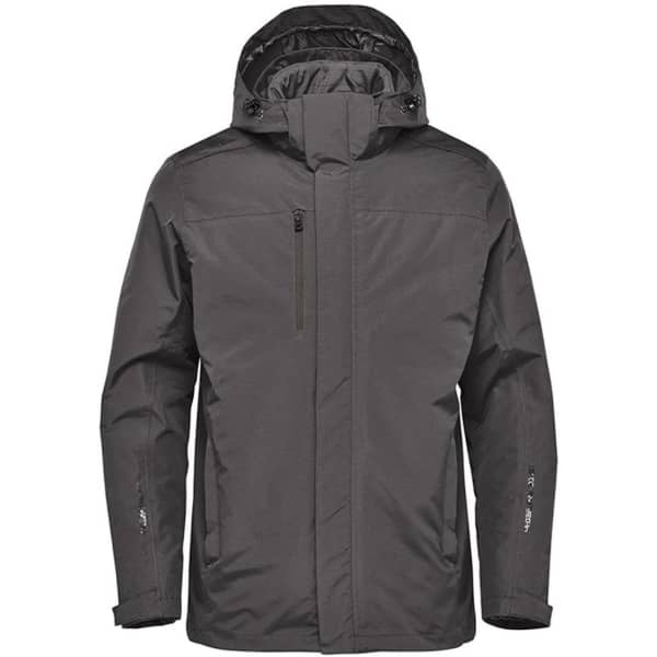 A men's Magellan System jacket in grey featuring a hood and zippered pockets. The jacket has a logo on it.