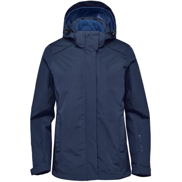 A navy blue women's jacket featuring a hood and an inner lining, with a logo on the exterior.