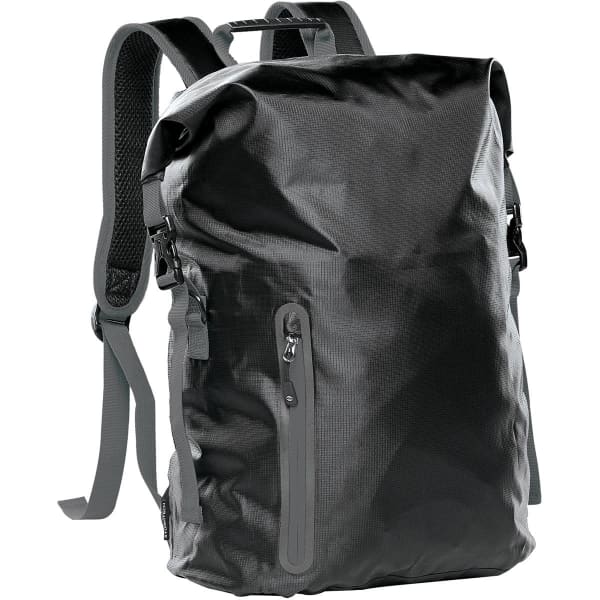 A black waterproof backpack with adjustable straps and a front zip pocket, featuring a logo.