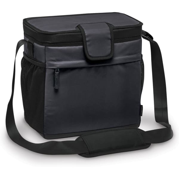 A cooler bag in black and dark grey, featuring a shoulder strap and a zippered front pocket. It has a logo.