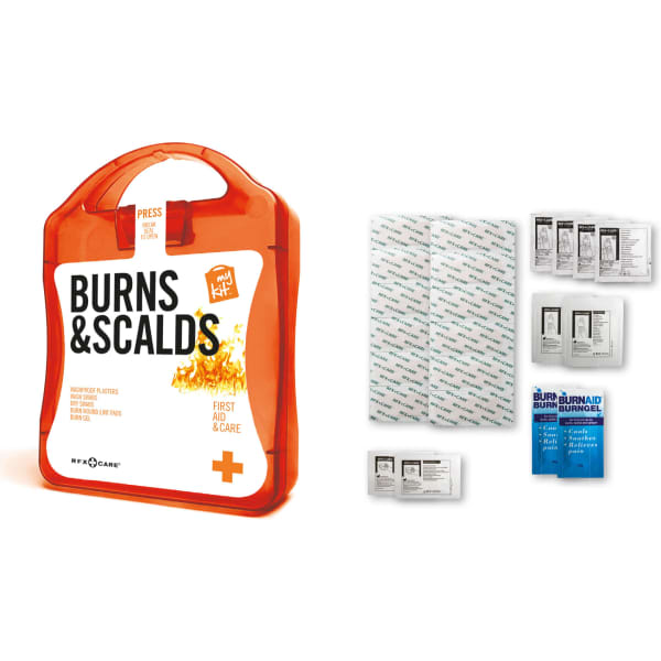 An orange first aid kit labelled "Burns&Scalds," containing various burn care supplies and a branded logo.