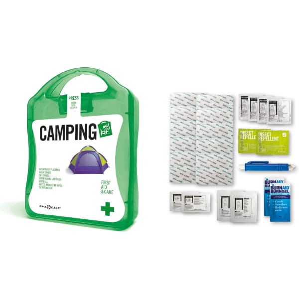 A green first aid kit with a handle, containing various insect repellent and burn relief products, along with a logo.