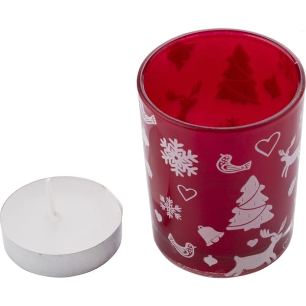 Glass candle holder with Christmas decorations
