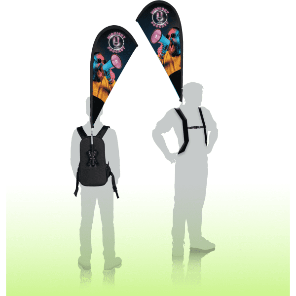 A double-sided flag banner in black and colourful designs, attached to a backpack harness.