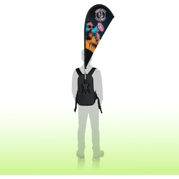 A black backpack with a single-sided flag banner attached, featuring vibrant graphics and colours.