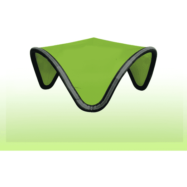 An inflatable air tent in bright green with black support edges, featuring a modern, curved design.