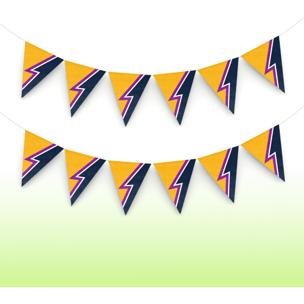 A set of triangular polyester fabric banner flags in yellow, navy, and pink with a lightning bolt design.