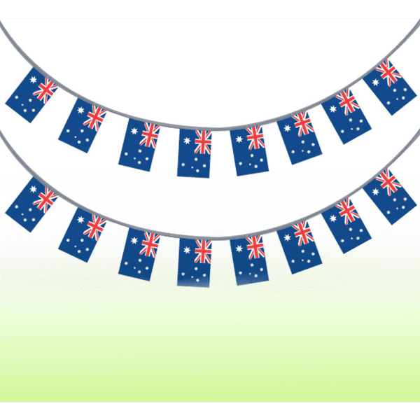 A row of blue vinyl banner flags featuring the Australian flag design, displayed in a festive arrangement.