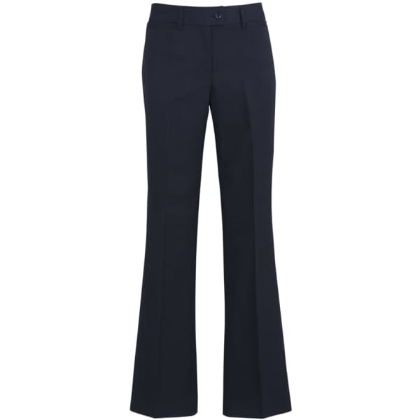 A pair of women's relaxed fit bootleg pants in navy, featuring a waistband and flared hem.