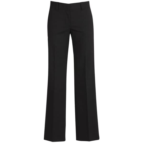 A pair of black hipster fit pants with a flared leg design and no visible branding.