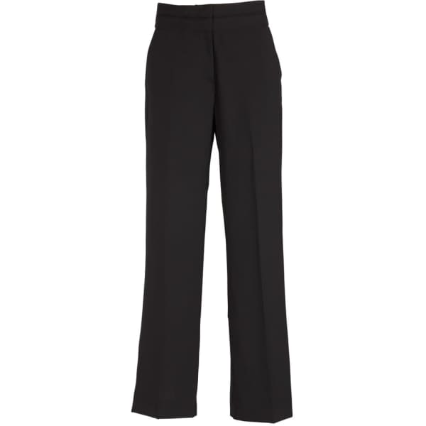 Black women's slacks with a piped band detail and a tailored fit, featuring pockets and a logo.