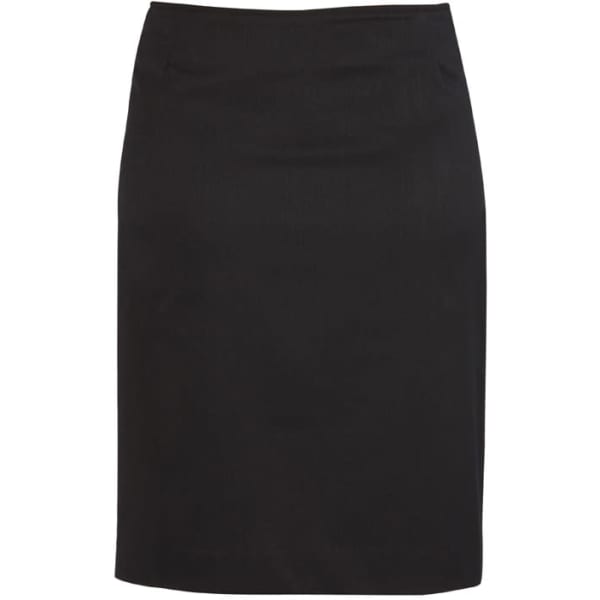 A black bandless skirt featuring a sleek design and subtle texture, with a logo tag at the waistband.