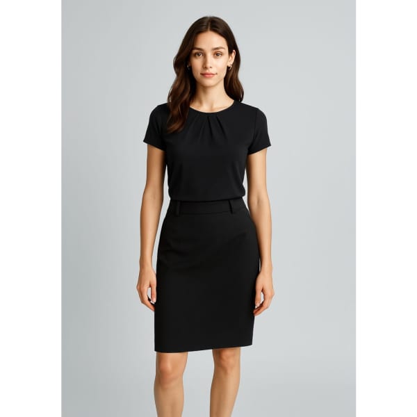 A black women's multi-pleat skirt, styled with a matching black top, featuring soft fabric and a sleek design.
