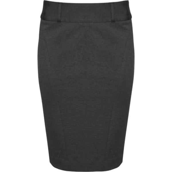 A fitted black panelled skirt with a rear split and a smooth waistband. It features tailored seams and a sleek design.