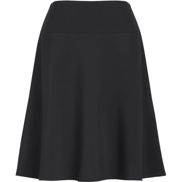 A black women's flared skirt with a bandless waistline, made from a smooth fabric. This item features a subtle logo.