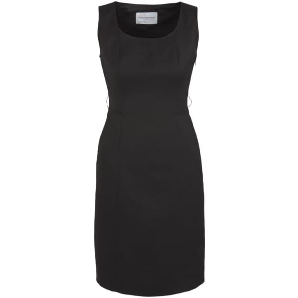 A sleeveless black dress with a fitted design and a subtle branding label.