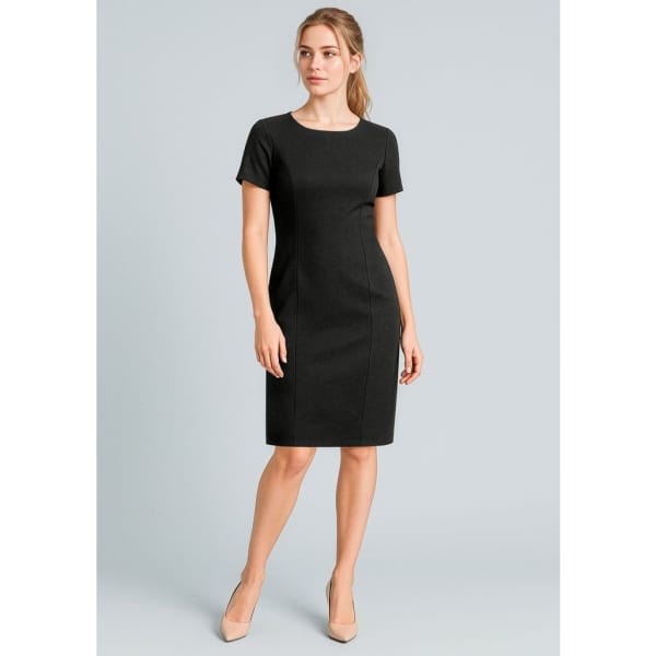 A black short sleeve shift dress with a fitted silhouette, featuring a round neckline and a sleek design.