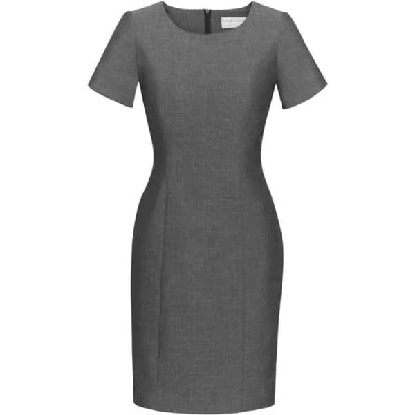A short sleeve shift dress in grey with a fitted silhouette and a back zipper. Features a simple, elegant design.