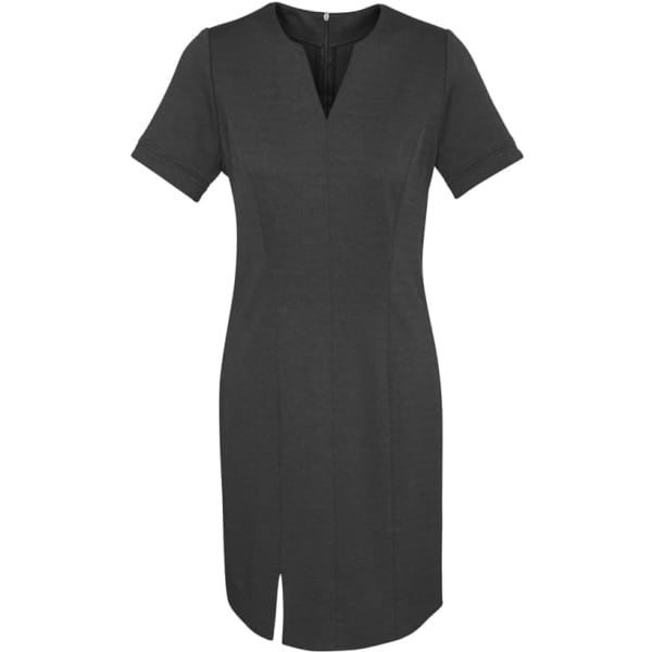A grey Rococo women's open neck dress with short sleeves and a front slit. It features a logo on the back.