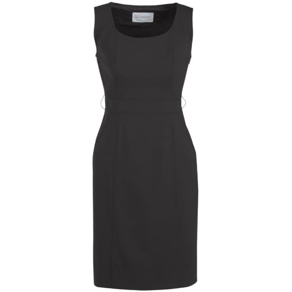 A sleeveless black dress with a fitted design and square neckline. It features subtle stitching details.