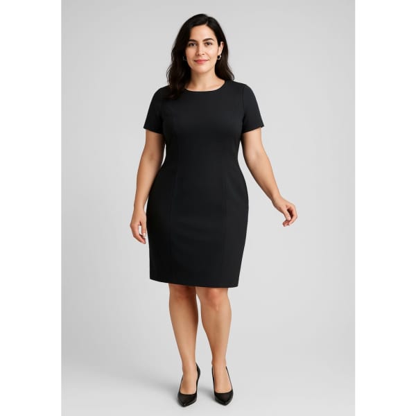 A black short sleeve shift dress with a fitted silhouette, featuring a round neckline and a subtle logo.