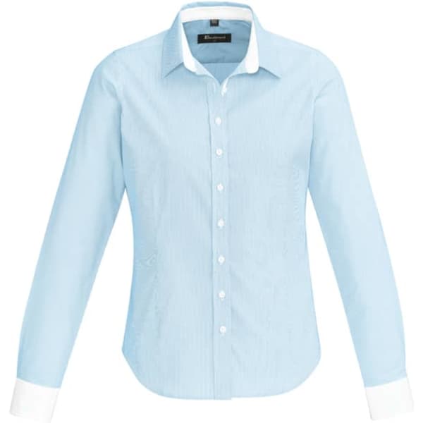 A light blue long sleeve button-up shirt with white cuffs and collar, featuring a logo.