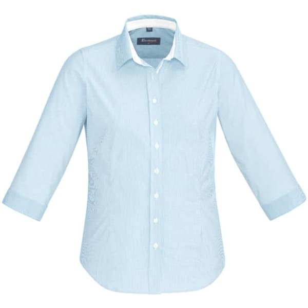 Light blue women's 3/4 sleeve button-up shirt with a collar and a logo on the chest.