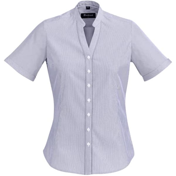 A short sleeve, button-up women's shirt in bordeaux colour with a collared neckline and a fitted cut.