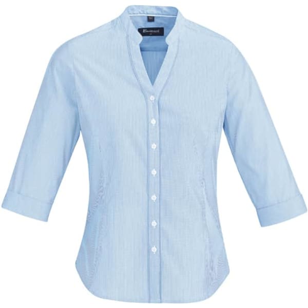 A button-up women's shirt in light blue with 3/4 sleeves and a collared neckline. It features a logo.