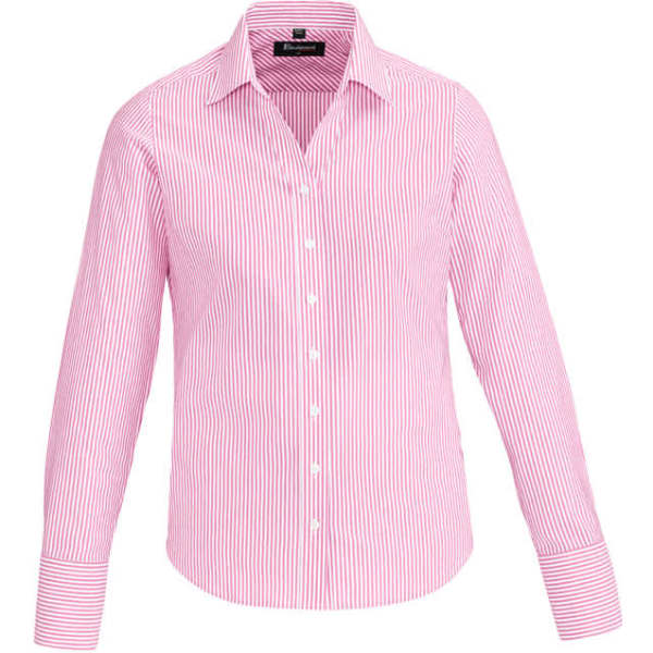 A pink and white striped long sleeve button-up shirt with a collar and branding.