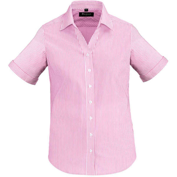 A short-sleeve button-up shirt featuring pink and white stripes, with a collar and rolled cuffs. It has a logo.