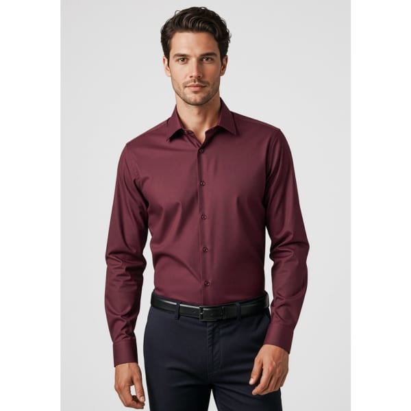 A maroon long sleeve button-up shirt for men, featuring a collar and a sleek design. The model is wearing tailored trousers.