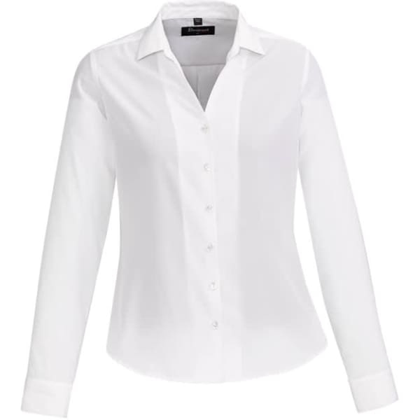 A plain white long sleeve button-up shirt for women, featuring a collar and a logo.