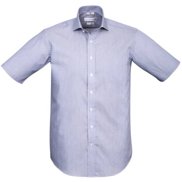 A light blue short sleeve button-up shirt with a collar featuring a logo on the chest.