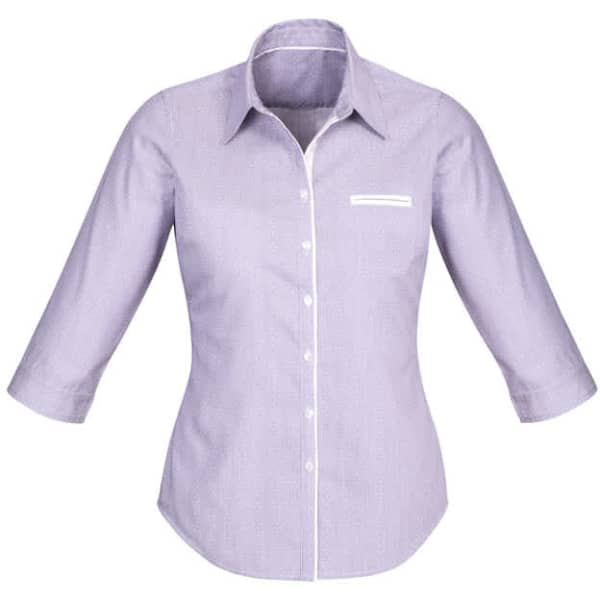 A women's 3/4 sleeve button-up shirt in light purple with a single chest pocket and a logo.