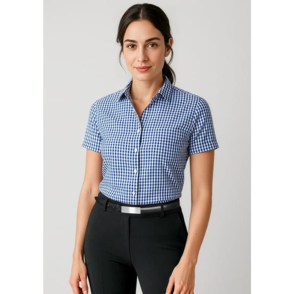 A short-sleeve button-up shirt in blue and white gingham pattern, featuring a collar and a fitted design.