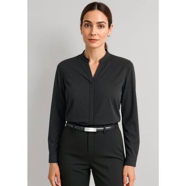 A black long sleeve blouse with a mandarin collar, paired with tailored trousers and a belt.