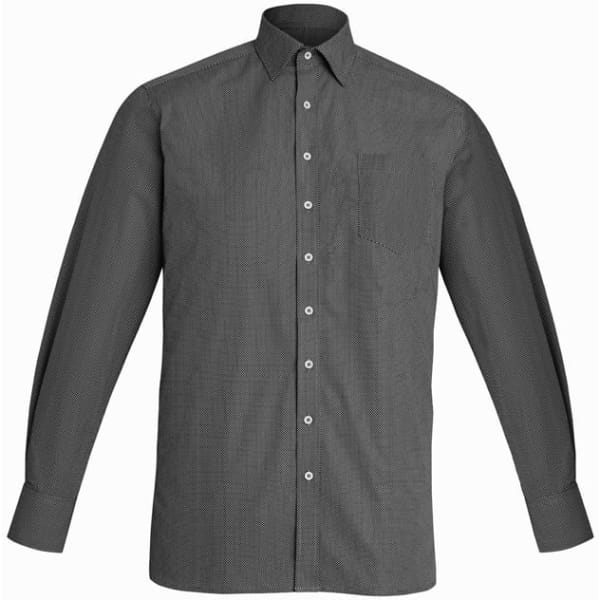 A long sleeve button-up shirt in dark grey, featuring a chest pocket and a collar. It has a branding logo.