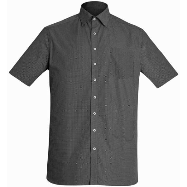 A short sleeve button-up shirt in dark grey with a chest pocket and a logo.