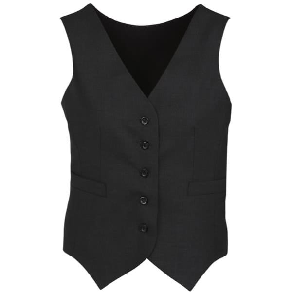 A black women's peaked vest featuring a button-up front and two side pockets, with a branding logo.