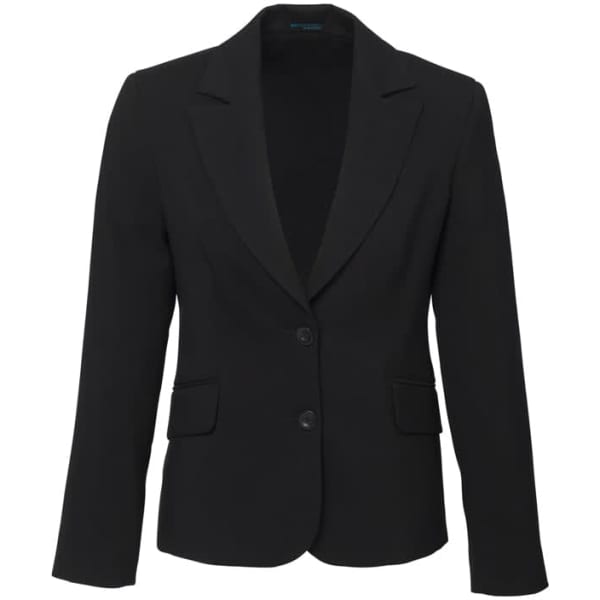 A black women's short-mid length jacket featuring a notched collar and two front pockets, with a logo on the label.