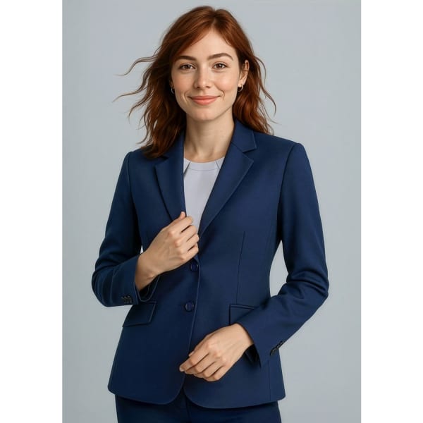 A woman models a navy blue longline jacket with a tailored fit, featuring a lapel collar and buttons, complete with a logo.