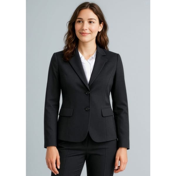 A black mid-length women's jacket with a two-button design, featuring tailored fit and a notched lapel.