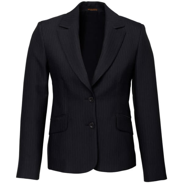 A women's short-mid length jacket in black with a pinstripe pattern and a single-button closure, featuring two front pockets.