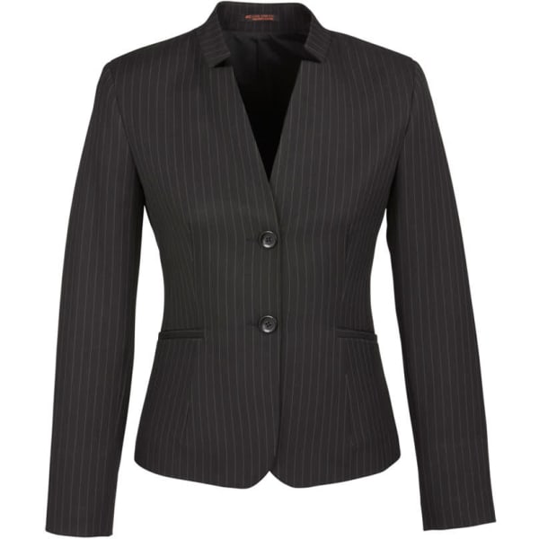 A women's short black jacket with reverse lapel and pinstripe pattern, featuring two buttons and pockets.