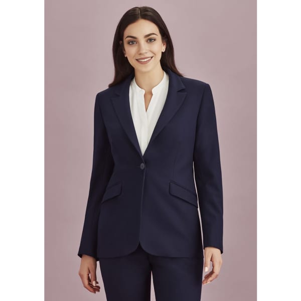 A navy blue longline jacket featuring a single button closure and tailored fit, with a logo visible.