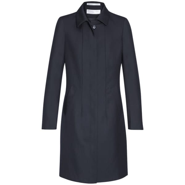 A dark navy lined overcoat with a collar, long sleeves, and side pockets. It features a button closure and a branded label.