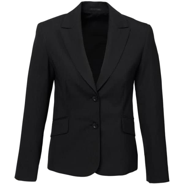 A black women's short-mid length jacket with a fitted silhouette and two front pockets. Features a single-breasted design.