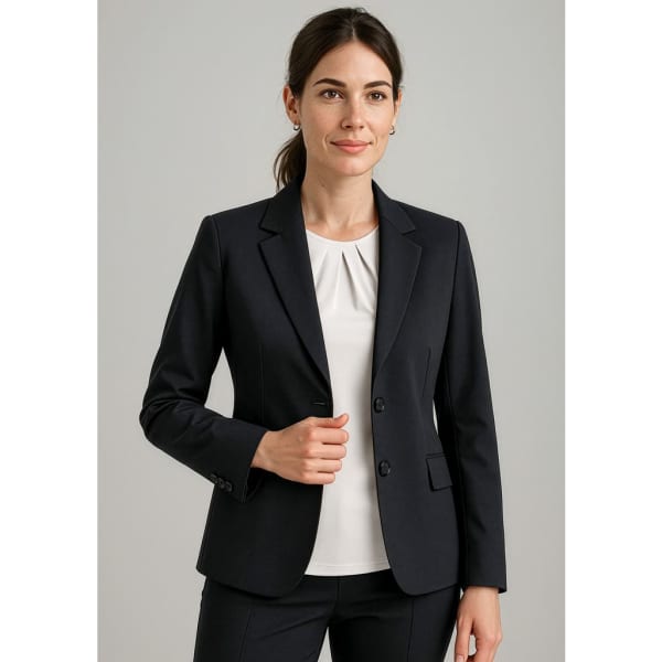 A women's longline jacket in navy, featuring a tailored design and a single-breasted front with two buttons.